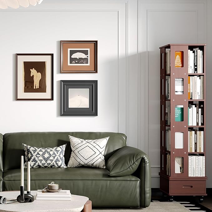 Solid Wood Rotating Bookshelf Tower, 5-Tier Square Spinning Bookcase with Drawer, 70" Floor Standing Revolving Bookshelf on Wheels, Corner Bookcase for Small Space, Walnut
