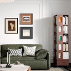 Solid Wood Rotating Bookshelf Tower, 5-Tier Square Spinning Bookcase with Drawer, 70" Floor Standing Revolving Bookshelf on Wheels, Corner Bookcase for Small Space, Walnut