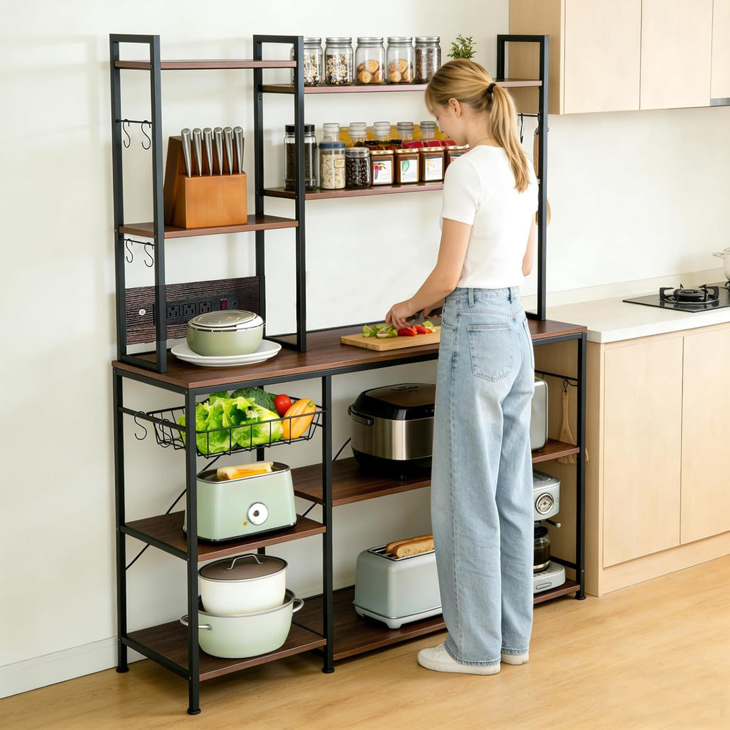 Luckyeestar Bakers Rack with Power Outlet - 6 Tier Microwave Stand with Storage, 35.4 inches Kitchen Shelf with Wire Basket and 12 S Hooks,Coffee Bar Shelf, Adjustable Feet, Rustic Brown Cabinet