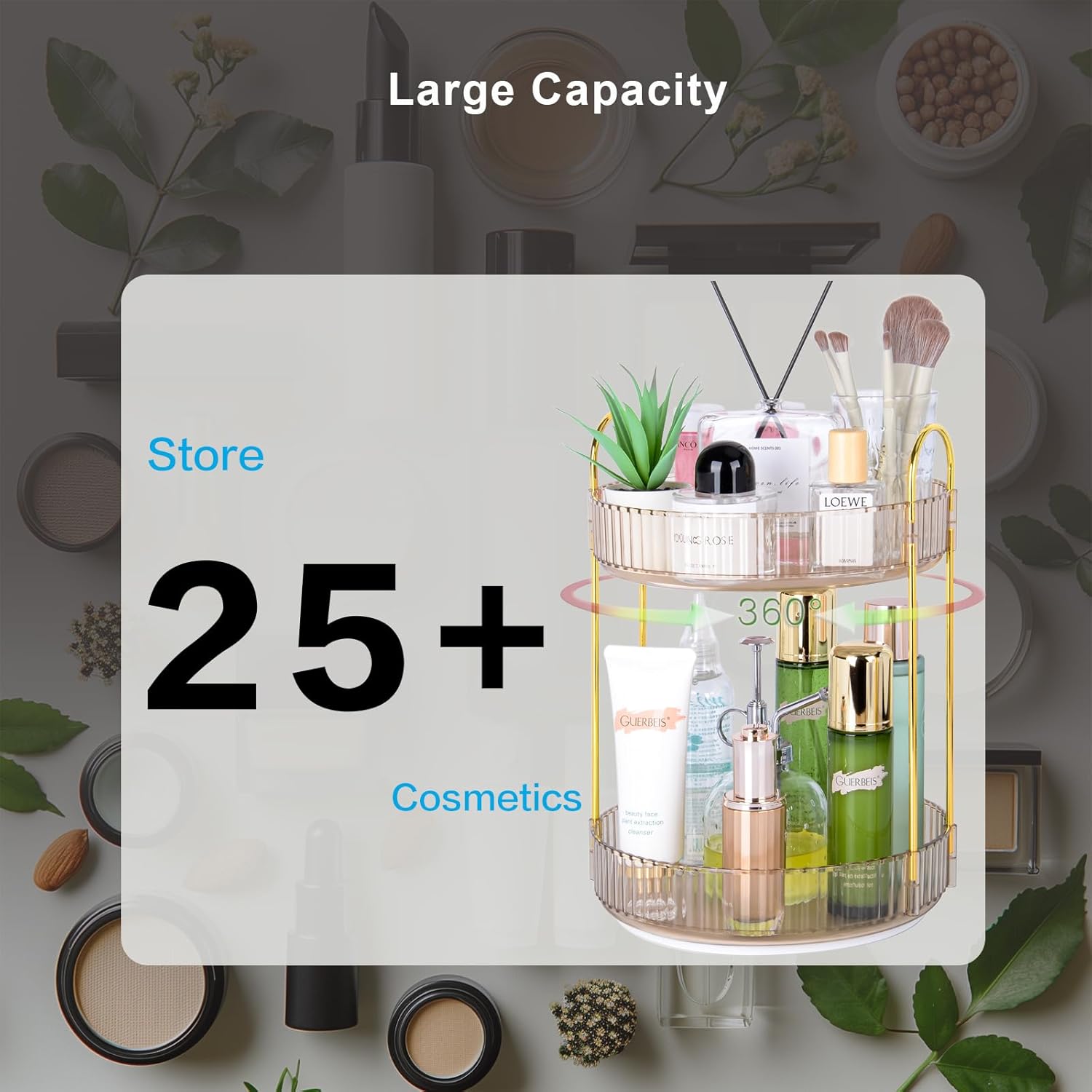 360 Rotating Makeup Organizer - Large Capacity Spinning Perfume & Cosmetic Skincare Holder for Vanity & Countertop (Vibrant Orange, 2 Tier)