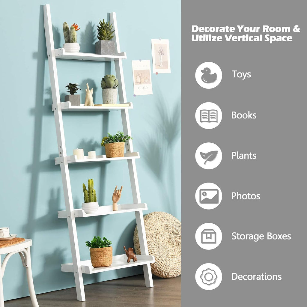 Tangkula 5-Tier Ladder Shelf, Wall-Leaning Bookshelf w/Open Shelves, Plant Flower Stand, Storage Display Organizer Rack, Multifunctional Bookcase for Living Room Home Office (White)