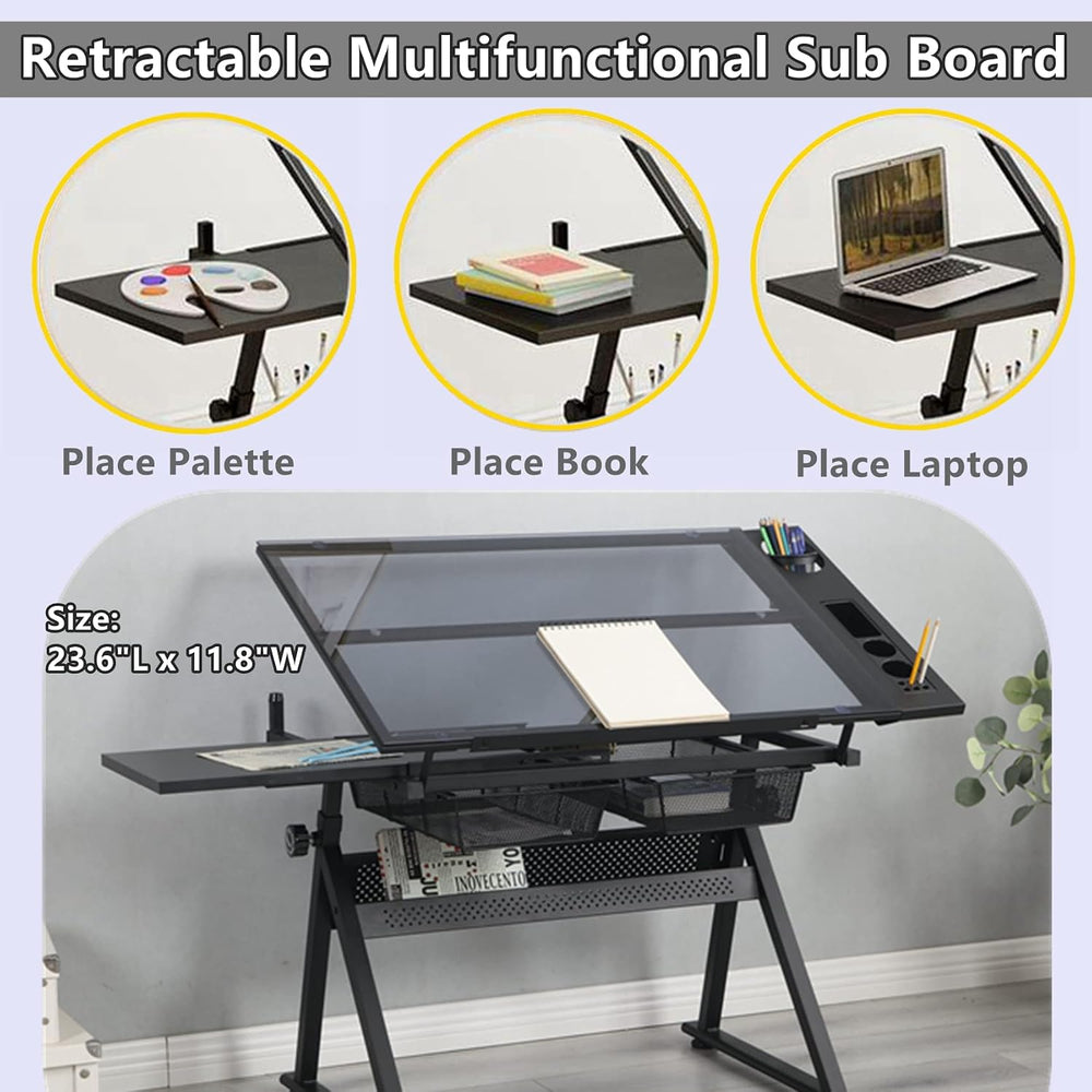 Drafting Table for Artists, Height Adjustable Glass Drawing Table with Stool,...