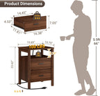 Night Stand Set of 2 with Charging Station, 20" Large Modern Side Table with Solid Round Post Legs, 2 Drawers End Table with Open Shelf, Nightstand for Bedroom, Walnut
