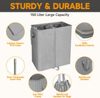150L Double Laundry Hamper with Lid and Removable Bags,28in Tall Laundry Basket 2 Section,Large Dirty Clothes Hamper 2 Dividers for Bedroom,Laundry Room,Bathroom,Dorm Grey