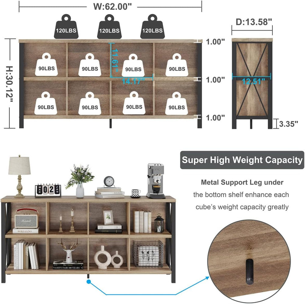 FATORRI 8 Cube Storage Organizer Bookshelf, 62 Inch Rustic Wood Horizontal Bo...
