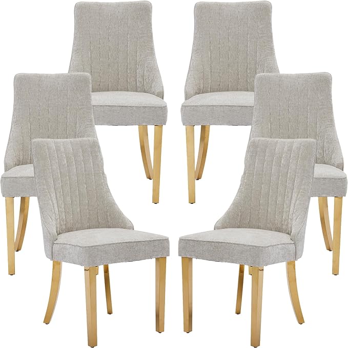 Beige Mid Century Dining Chairs Set of 6, Modern Kitchen & Dining Room Chairs Set of 6, Chenille Fabric Upholstered Kitchen Chairs, Sillas de Comedor, Gold Legs (Beige, 6 Pcs)