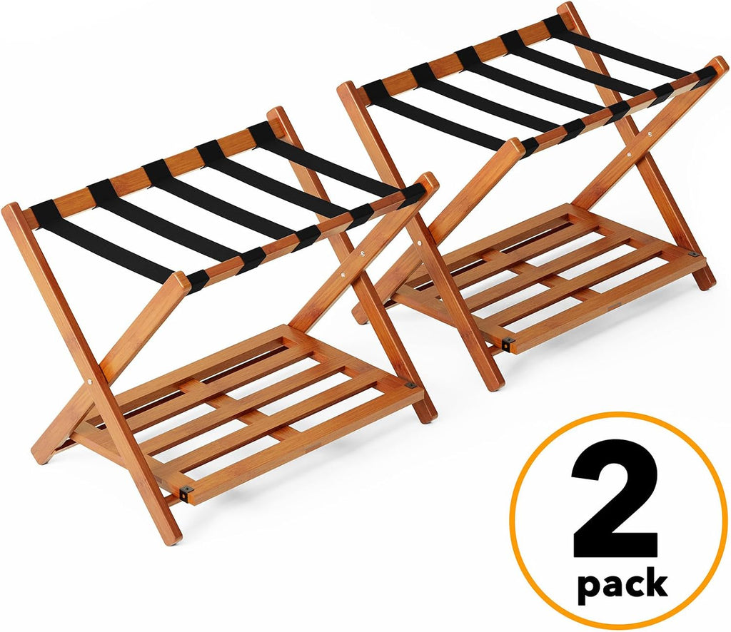 SpaceAid Fully Assembled Luggage Rack 2 Pack, Bamboo Foldable Suitcase Stand for Guest Room, Heavy Duty Folding Luggage Holder with Storage Shelf for Bedroom and Hotel, Walnut