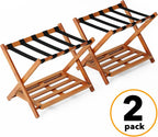 SpaceAid Fully Assembled Luggage Rack 2 Pack, Bamboo Foldable Suitcase Stand for Guest Room, Heavy Duty Folding Luggage Holder with Storage Shelf for Bedroom and Hotel, Walnut