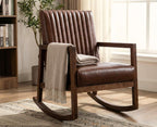 Leather Modern Rocking Chair Mid Century Armchair Upholstered Arm Chair with Padded Seat/Wood Frame, Comfy Rocker for Living Room/Bedroom, Retro Dark Brown PU