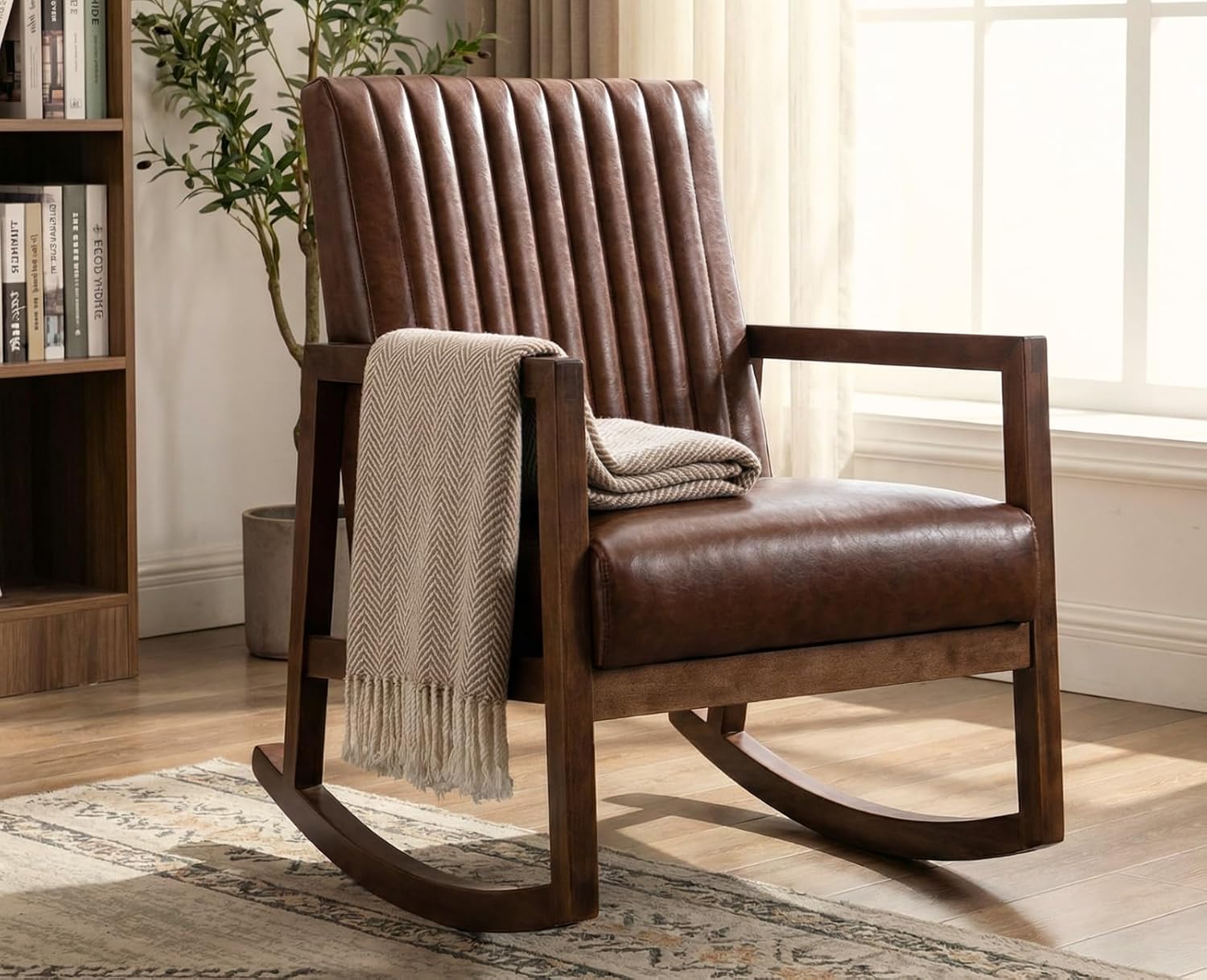 Leather Modern Rocking Chair Mid Century Armchair Upholstered Arm Chair with Padded Seat/Wood Frame, Comfy Rocker for Living Room/Bedroom, Retro Dark Brown PU