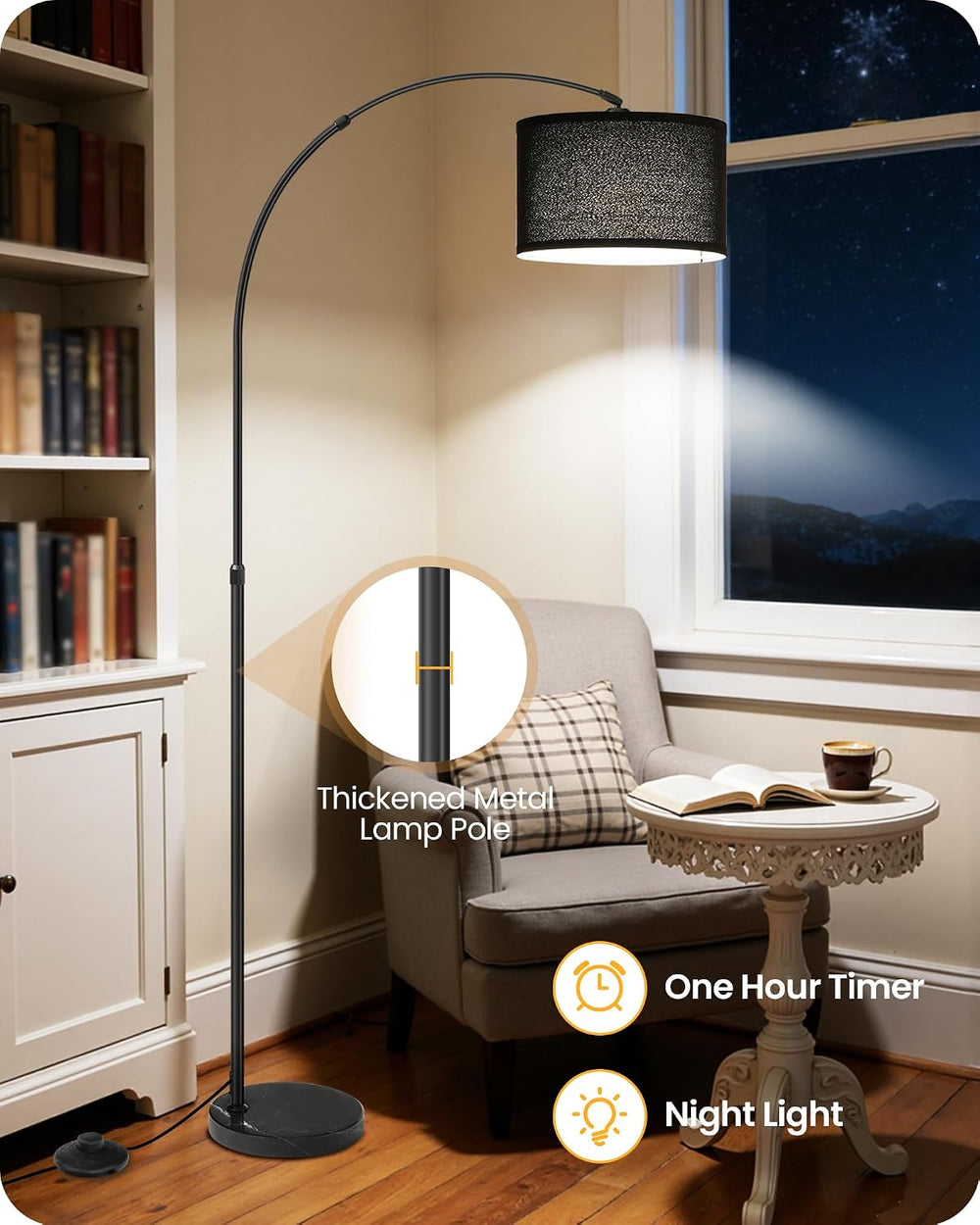 75" Dimmable Black Arc Floor Lamp with Marble Base and Adjustable Height