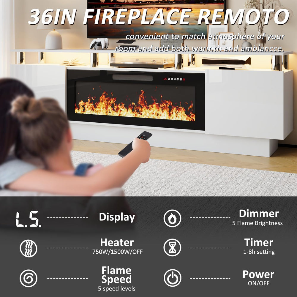 LEMBERI 70" Fireplace TV Stand for TVs up to 80", White | 36" ...