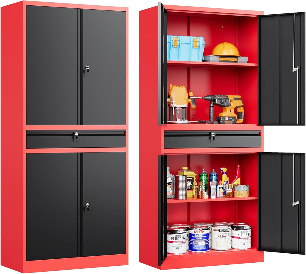Metal Storage Cabinet with Drawer and Lock,Garage Storage Cabinet with Locking Doors and Shelves,71" Black Red Metal Cabinets,Lockable Steel Tool Cabinets for Garage,Home,Office,Shop