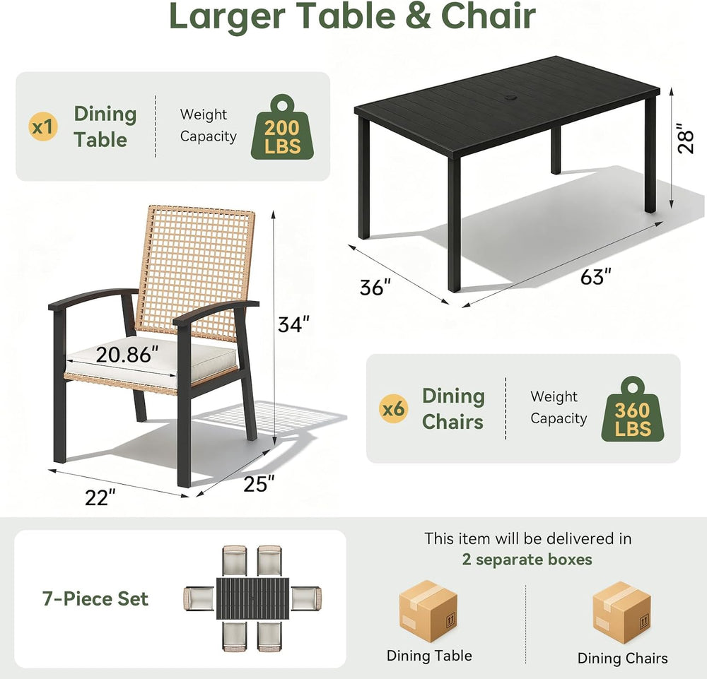 Aoxun 7-Piece Wicker Patio Table and Chairs Set for 6 with Umbrella Hole