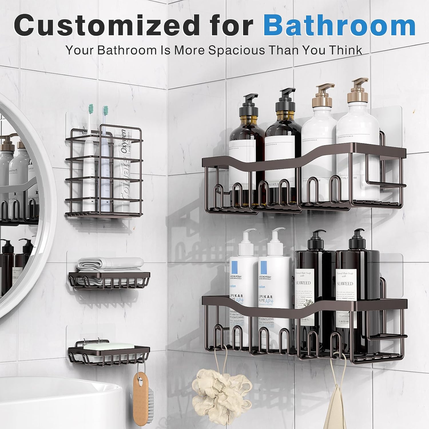 EUDELE 5-Pack Rustproof Stainless Steel Shower Caddy Set– No Drill Adhesive Bathroom Organizer, Space-Saving Shower Shelves for Apartment Essentials, Bathroom/Kitchen Storage Home Decor-L Size