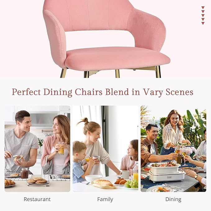 VECELO Velvet Dining Chairs Set of 4, Modern Upholstered Kitchen Chairs with Cushion, Padded Backrest and Metal Legs, Pink