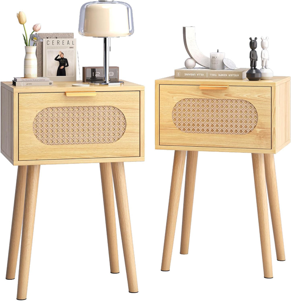 Nightstands Set of 2, Bedside Table with Rattan Door, Boho End Table with Sol...