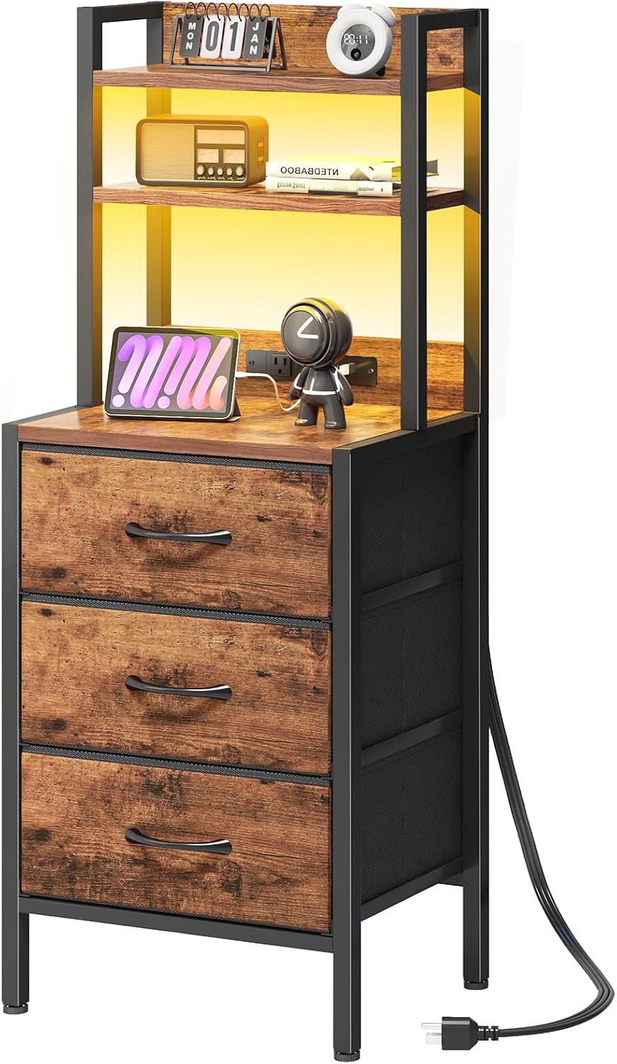 Fixwal 41 Inch Tall Nightstand with Charging Station, Led Night Stand with U-...