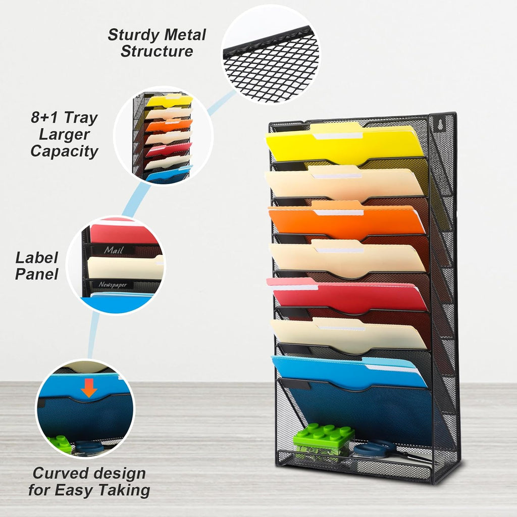 EASEPRES Desk File Organizer Mesh 9-Tier, Hanging Wall Mount Document Organization Stand, Desktop Vertical Mail Paper Folder Holder Rack with Bottom Tray for Office Home Cubicle Countertop, Black