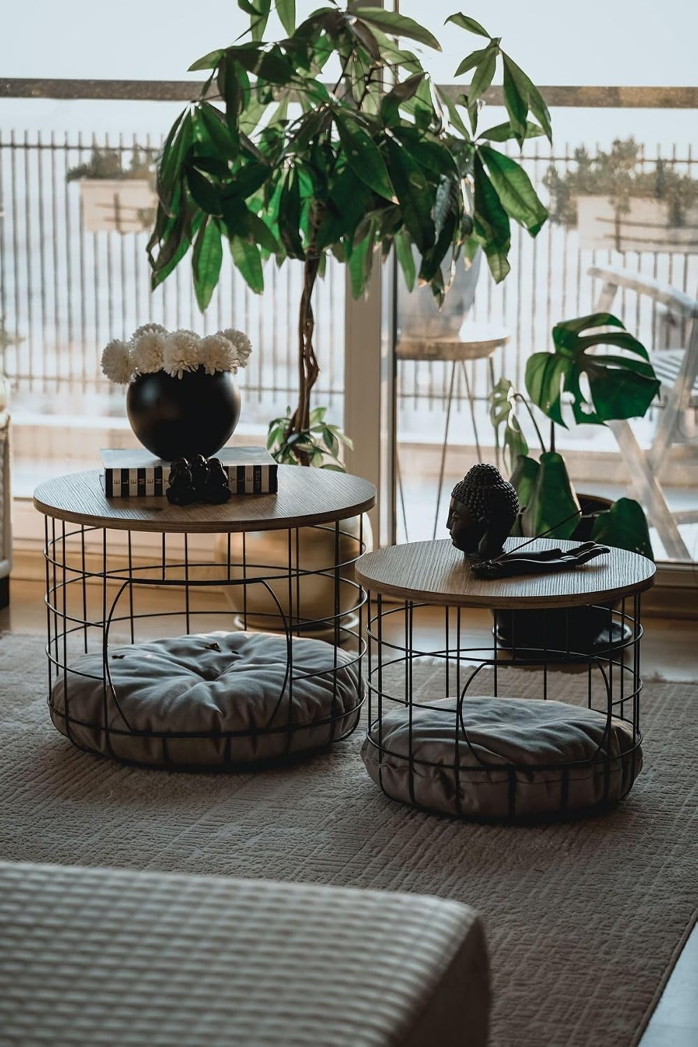 2-Piece Nesting Side Table Set with Cushions Scandinavian Style Round MDF and...
