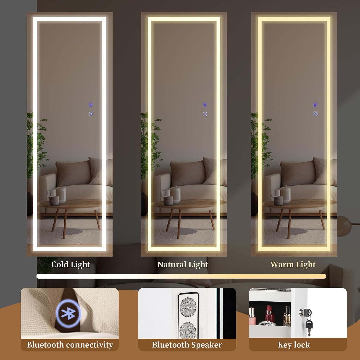 LED Mirror Jewelry Cabinet with Bluetooth Speaker ，Door/Wall Mounted,Equipped with Three Color Light Strips,Full-Length Illuminated Mirror,Jewelry Storage Function
