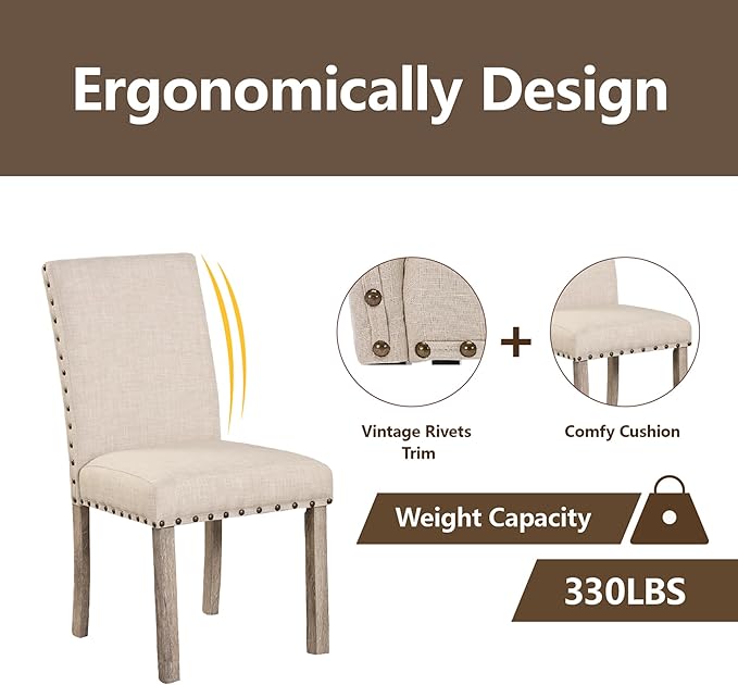 Morden Fort Farmhouse Style Dining Chairs Set of 2, Rustic Upholstered Kitchen & Dining Room Chairs with Rivet Detailing, Solid Wood Legs & Sturdy Wooden Chair Design for Comfortable Seating