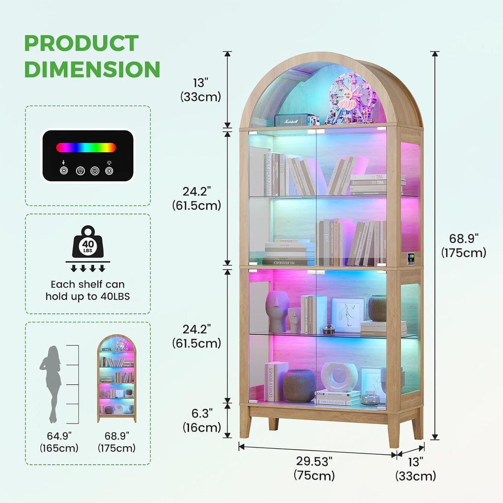 HNEBC Arched Display Case with RGB Lights, 69" Tall 5-Tier Tempered Glas...