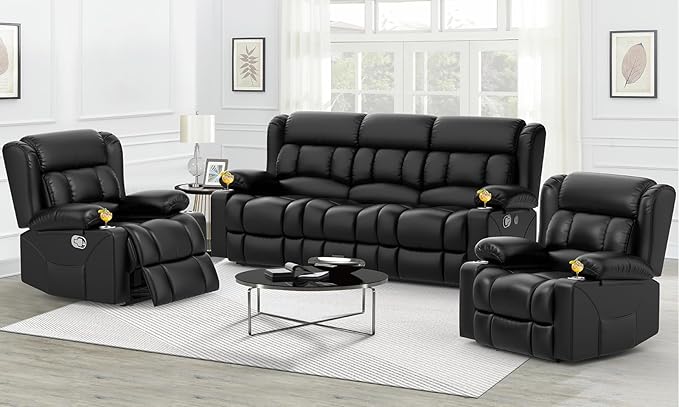 Recliner Sofa Set, Flip Middle Backrest Design PU Leather 3 Seater Reclining ...