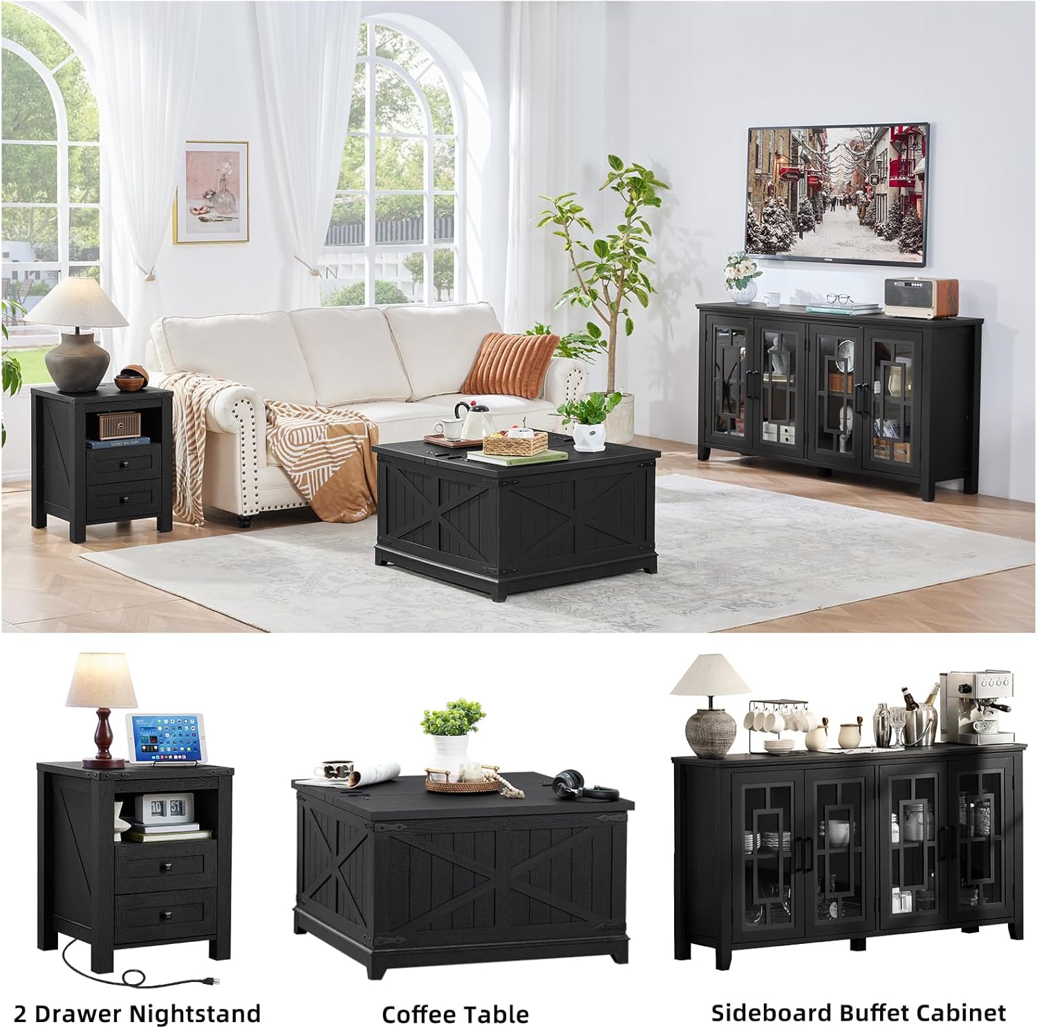 Joaxswe Nightstands Set of 2 with Charging Station and 2 Drawers, Farmhouse | Black Night Stand, Bed Side End Tables, Open Shelf Storage, Bedside Cabinet for Bedroom, Living Room, Closet, Office