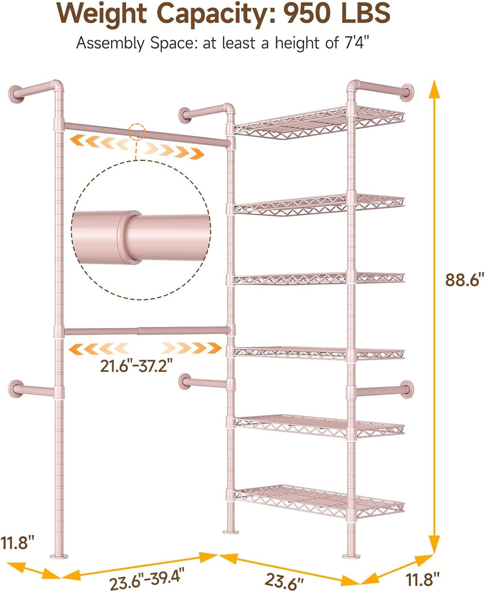 L2 Wall Mounted Closet System, Industrial Pipe Clothing Rack, Pink | Metal Cl...