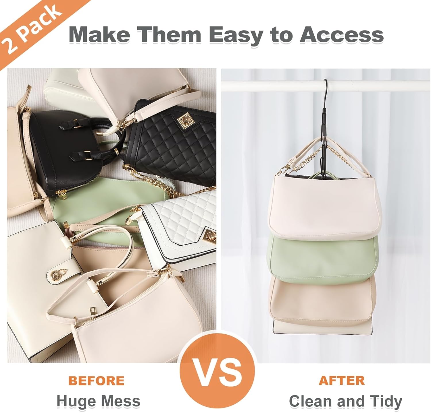 TOPIA HANGER Purse Hanger Organizer for Closet, 2-Pack Handbag Organizer Hanger, 360°Swivel Metal Purse Hooks, Bag Rack, Belt Organizer, Tie Rack, Scarf Hanger, Bag Storage Organizer, Black