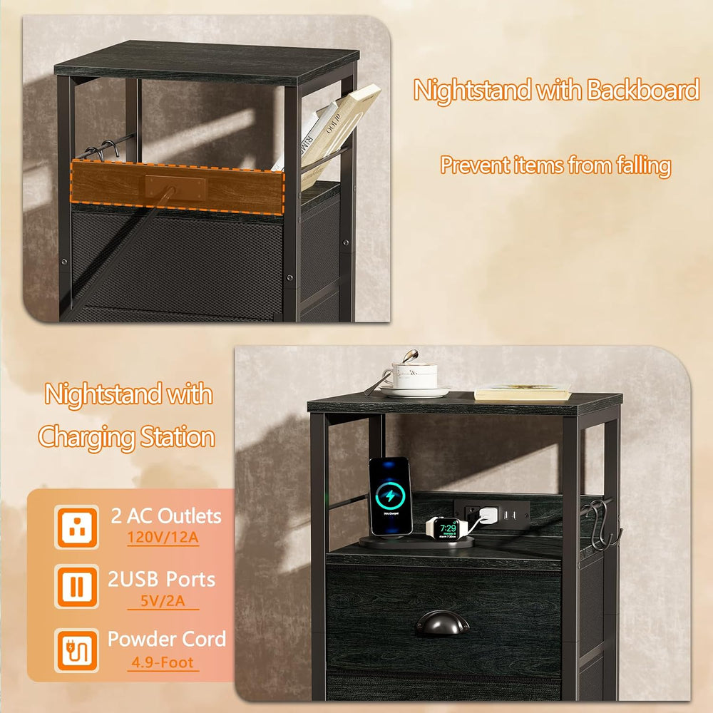 Furologee Nightstand with Charging Station, 2 Fabric Drawers, Black Oak | Nig...