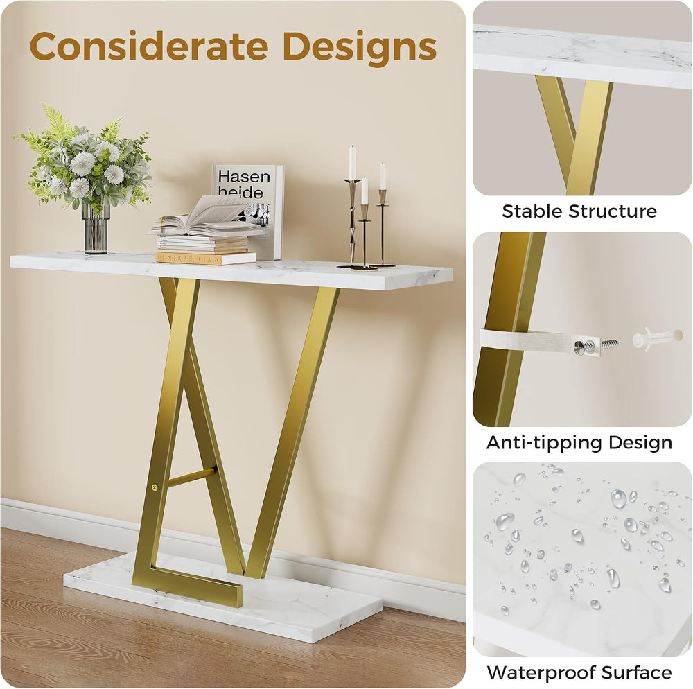 43.3" Gold Console Table, Modern Entryway Table with White Faux Marble T...