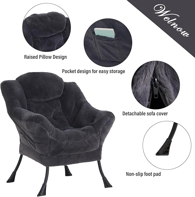 Welnow Lazy Chair with Ottoman, Modern Lounge Accent Chair with Armrests and a Side Pocket, Leisure Sofa Armchair, Reading Armchair with Footrest for Small Space, Plush Navy