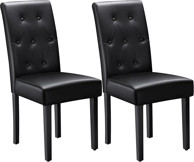 Furmax Upholstered Dining Chairs Set of 2, PU Leather Dinning Room Chairs, Button Tufted Kitchen Chairs with Adjustable Wood Legs for Dining Room/Living Room/Restaurant (Leather Black, 2)
