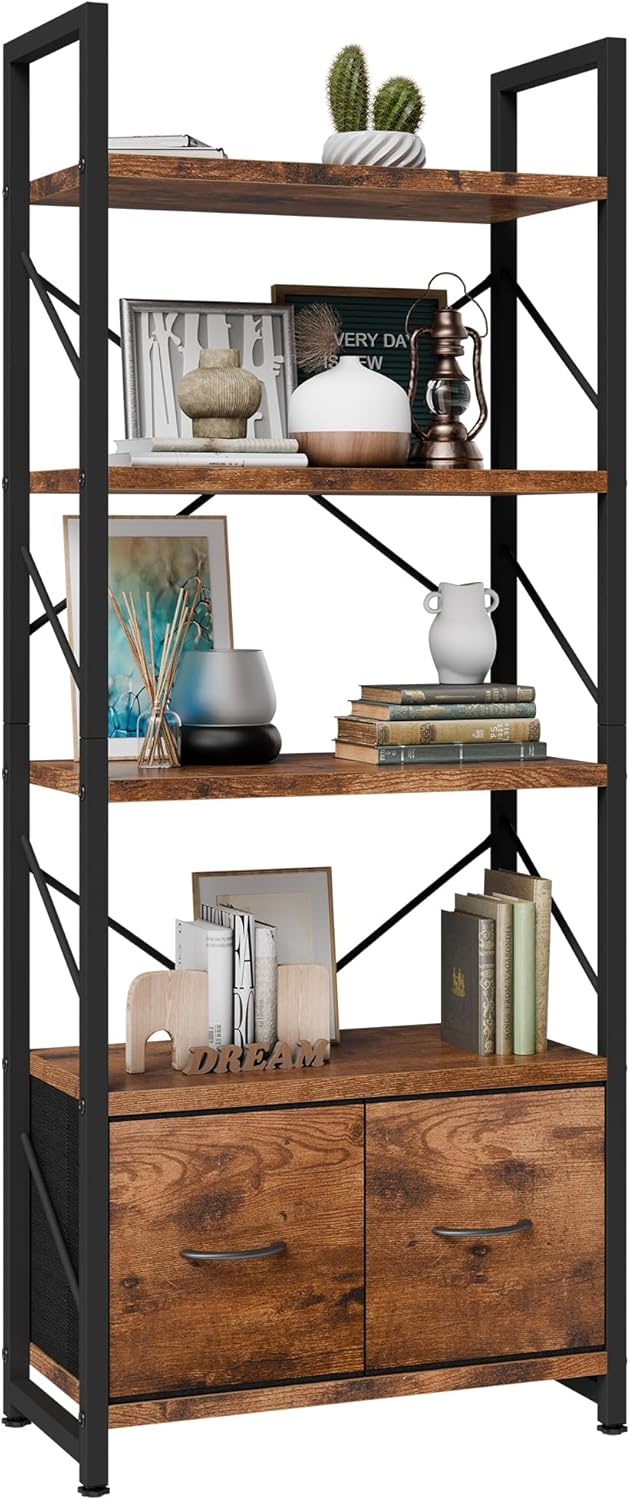Shintenchi 5 Tier Bookshelf with Drawers, Display Standing Shelf Units, Wood ...