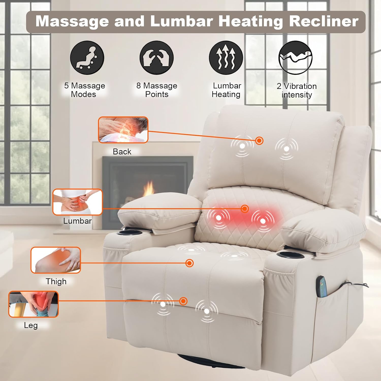 Leather Swivel Rocker Recliner Massage Nursery Rocking Glider Chair, White | Wide Seat, Overstuffed, Cup Holders, Faux Leather, Living Room Lounge Chair