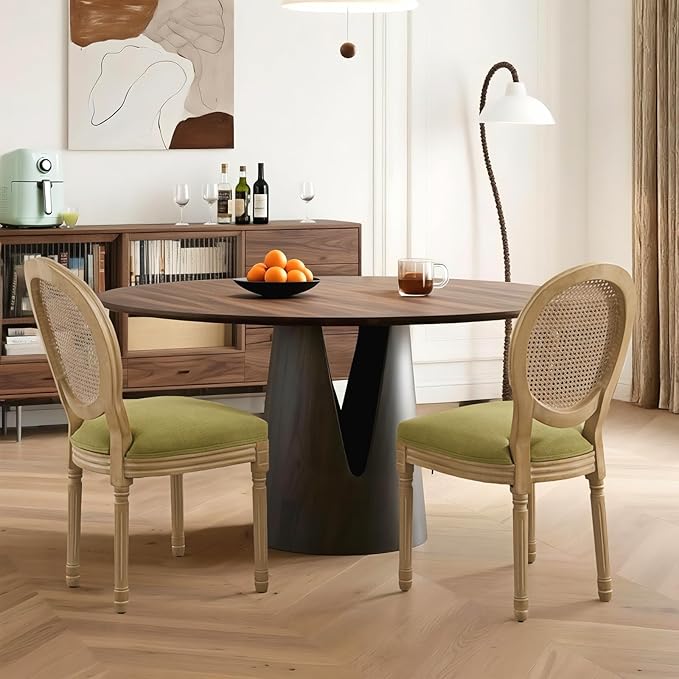French Country Dining Chairs Set of 6,Farmhouse Upholstered Dining Room Chairs with Round Back and Solid Leg,Rattan Kitchen Chairs for Kitchen/Bedroom/Dining Room,Green