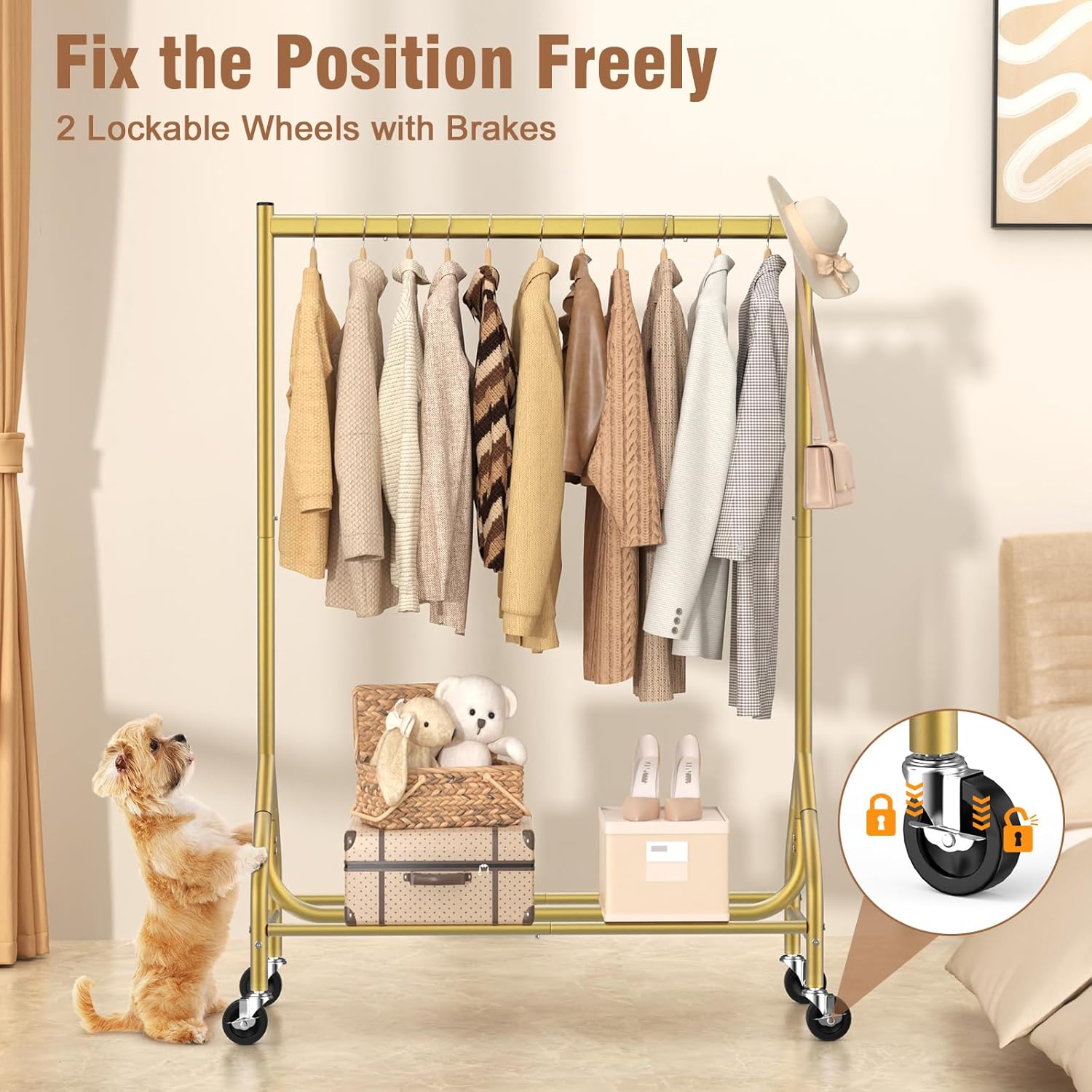 EAGMAK Heavy Duty Clothes Rack Load 420 LBS, Rolling Garment Organizer with Lockable Wheels, Standing Metal Clothing with Shelves, Portable Wardrobe Rack Sturdy Coat Rack for Hanging (Gold)