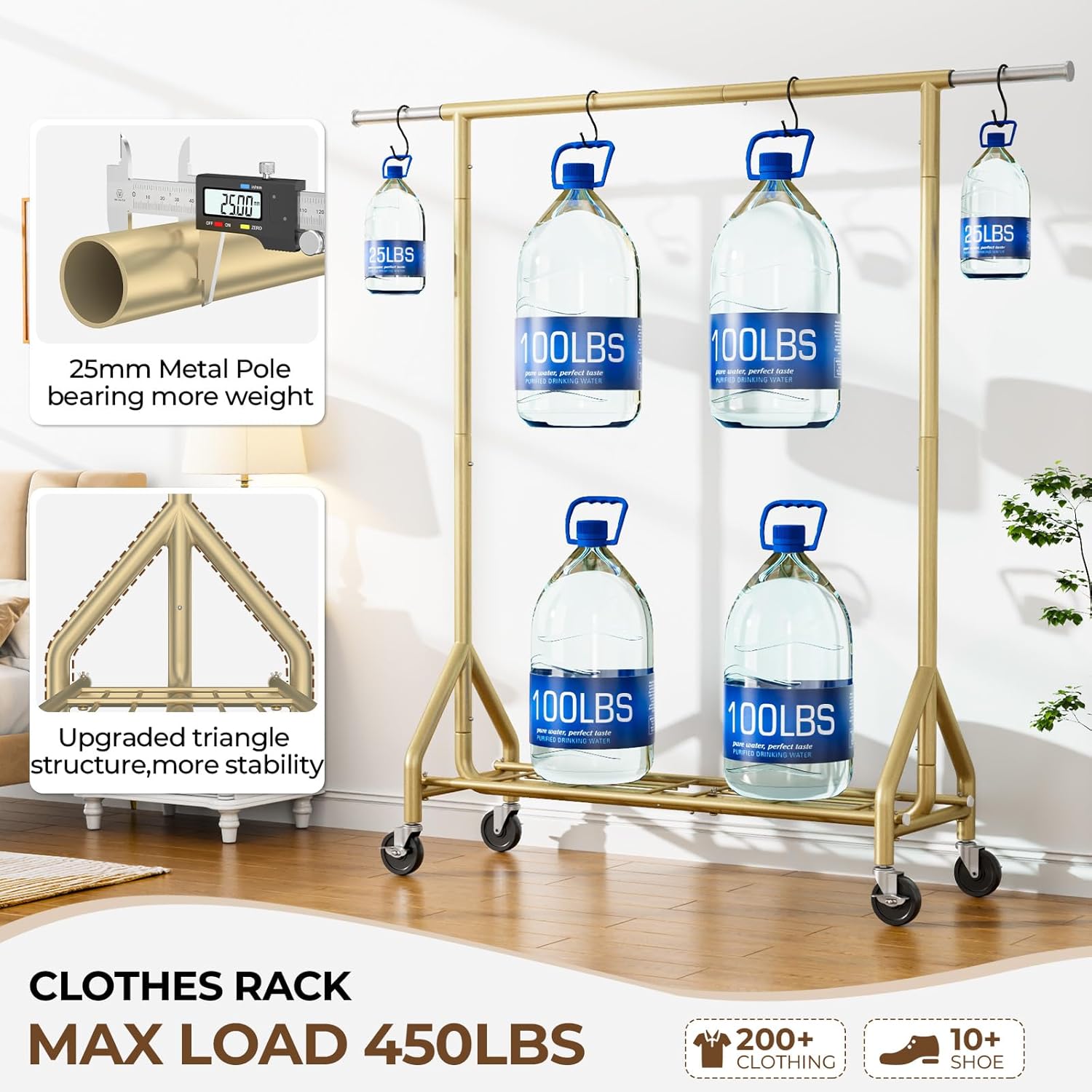 Heavy Duty Clothes Rack Load 450 LBS, Metal Garment Rack, Standing Rolling Clothing Rack for Hanging Clothes with Sturdy Wheels & Shelves, Portable Closet Wardrobe Rack,Gold