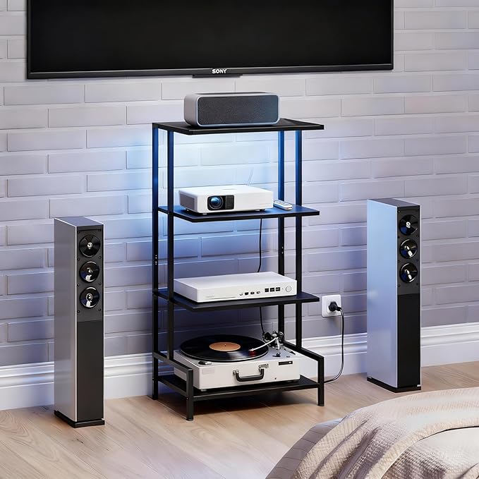 4-Tier AV Media Stand with Power Outlet and LED Lights,Wooden Stereo Stand Ca...
