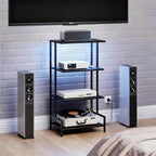4-Tier AV Media Stand with Power Outlet and LED Lights,Wooden Stereo Stand Cabinet,Game Console Shelf for Small Space,Audio Rack Stand Tower Ideal for Video DVD Players,Xbox