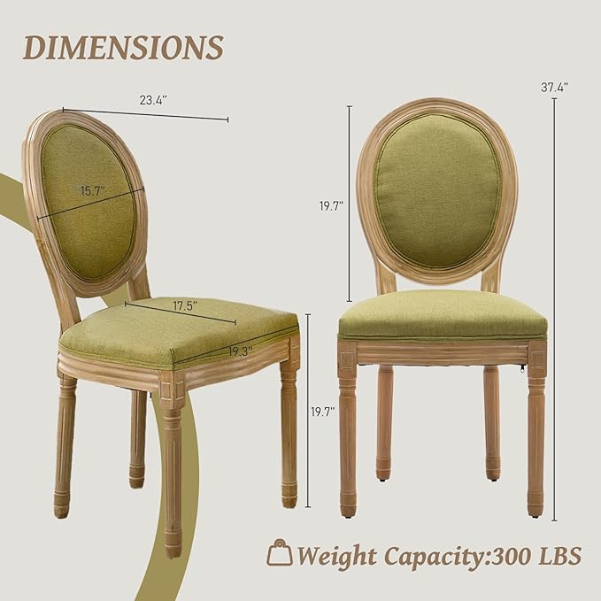 French Country Dining Chairs Set of 6,Farmhouse Upholstered Dining Room Chairs with Round Back and Solid Leg,Fabric Kitchen Side Chairs for Kitchen/Bedroom/Dining Room,Green