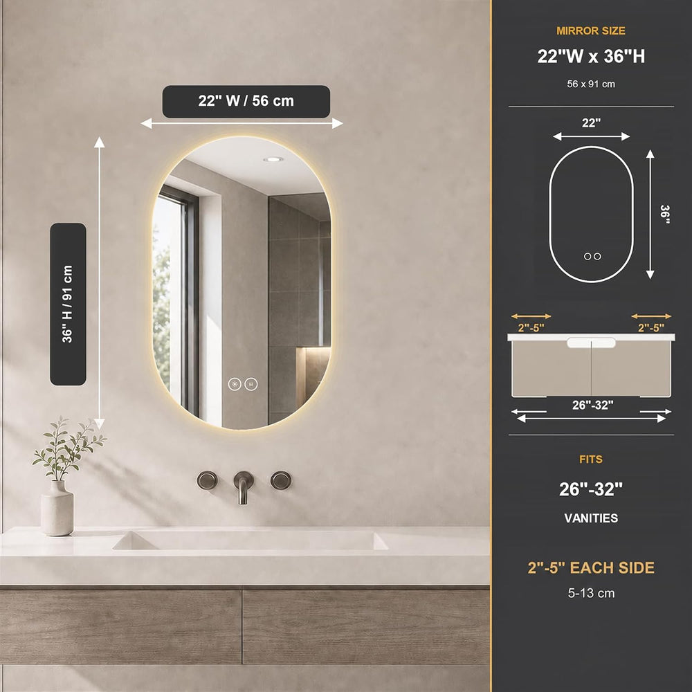 LAIYA 36X22in Oval LED Bathroom Mirror, Frameless Backlit Anti-Fog Dimmable