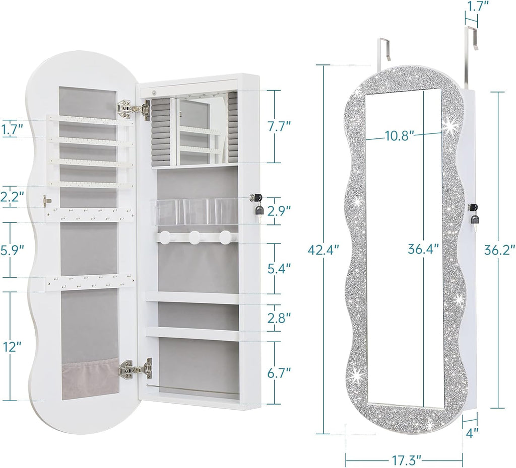whitebeach Jewelry Armoire Organizer, LED Jewelry Cabinet Wall/Door Mounted | Lockable Wavy Mirror with Storage, Crushed Diamonds Mirror Full Length,Door or Wall Mounted Mirror with Jewelry Storage