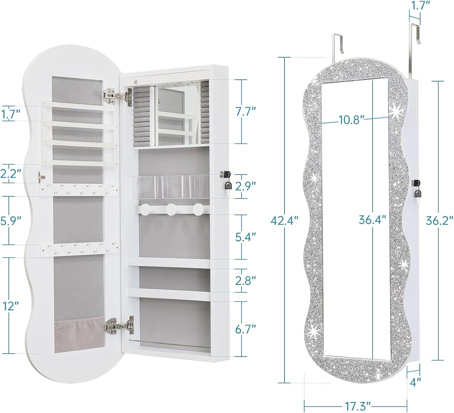 whitebeach Jewelry Armoire Organizer, LED Jewelry Cabinet Wall/Door Mounted | Lockable Wavy Mirror with Storage, Crushed Diamonds Mirror Full Length,Door or Wall Mounted Mirror with Jewelry Storage