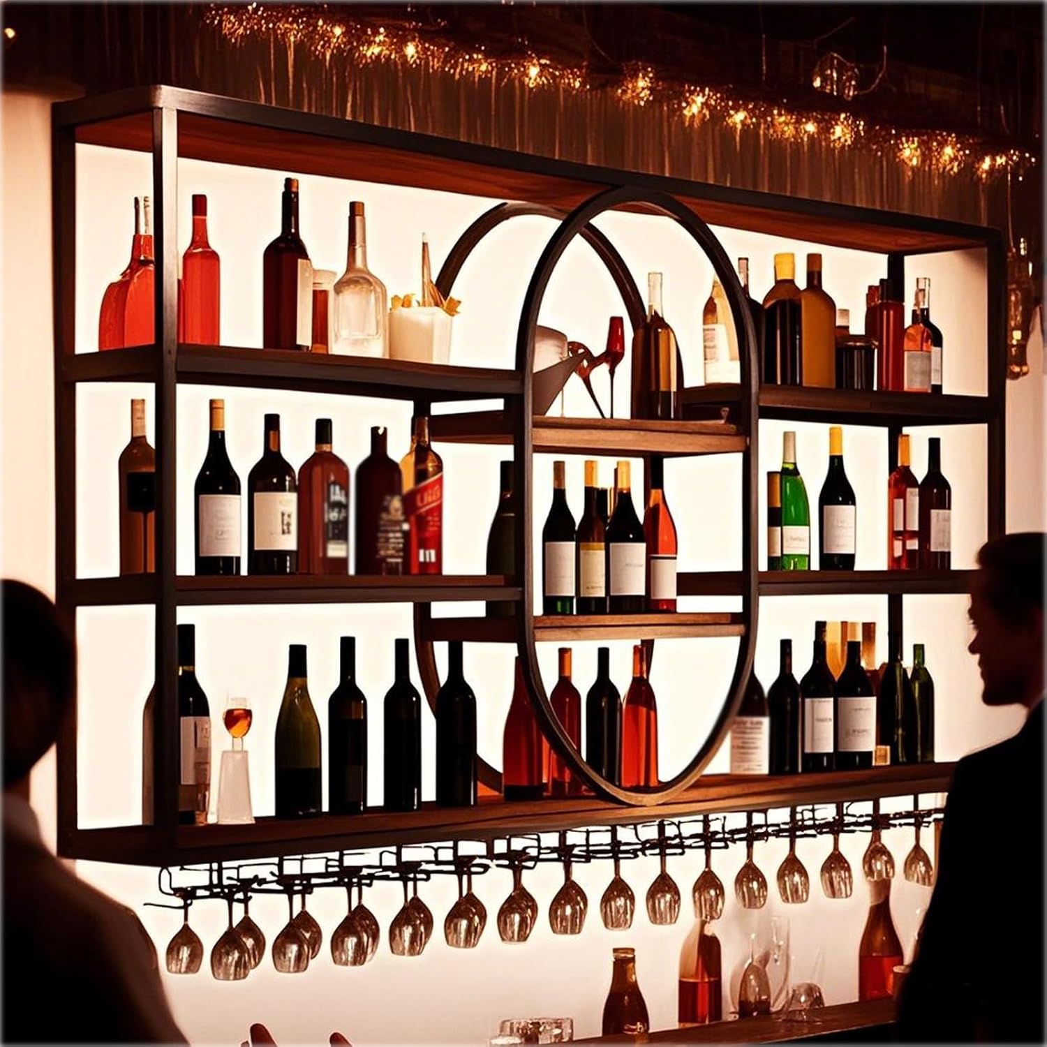Large Wall Mount Wine Rack, Metal 4 Tier Large Capacity Hanging Bar Rack with Wine Glass Holder, Oval Wine Bottle Storage Display Rack for Kitchen, Living Room, Home (H, 71in)