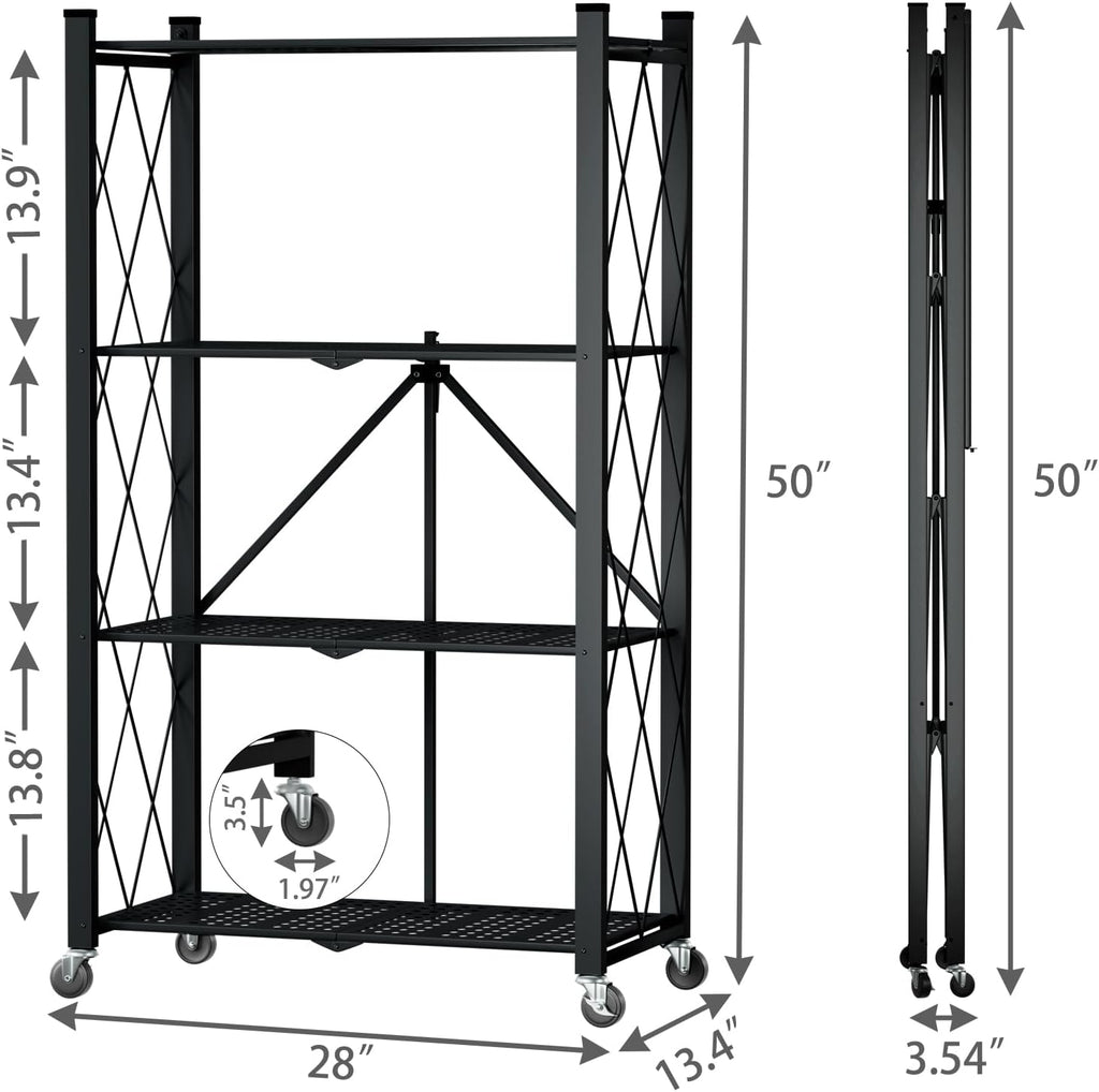 4 Tier Foldable Storage Shelf with Wheels, Heavy Duty Folding Shelf Loads 600 LBS, Metal Steel Collapsible Shelves, Rolling Standing Utility Rack for Kitchen, Pantry, Office, Black