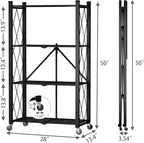 4 Tier Foldable Storage Shelf with Wheels, Heavy Duty Folding Shelf Loads 600 LBS, Metal Steel Collapsible Shelves, Rolling Standing Utility Rack for Kitchen, Pantry, Office, Black