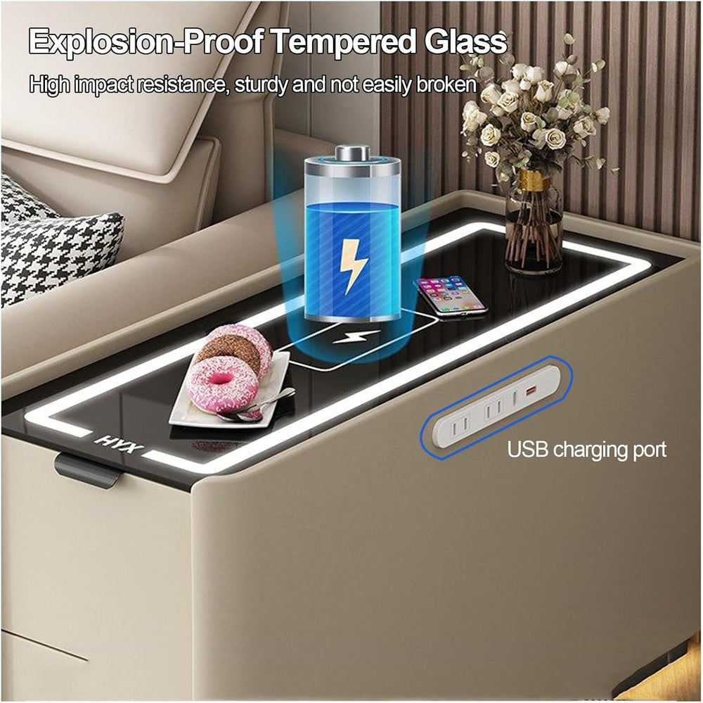 Smart Sofa Side Table with USB Charging Ports, 2 Drawers Storage, Tempered Gl...